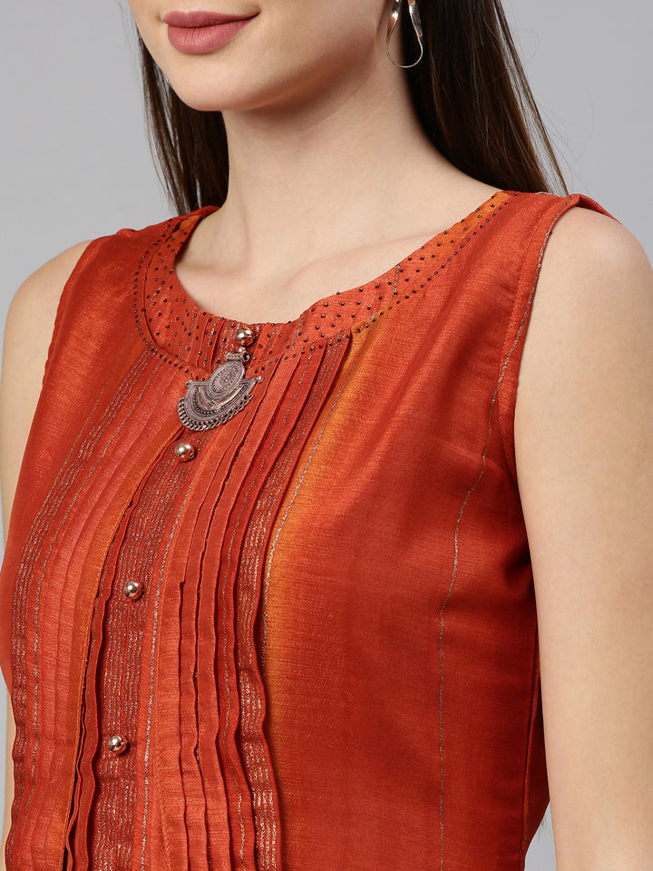 Neerus Orange silk straight kurta - detail view 4