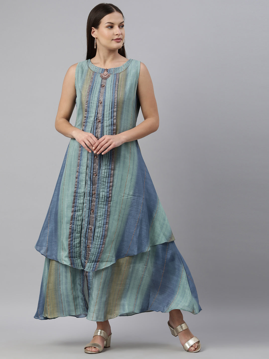 Neerus Green silk printed A-line kurti - detail view 6