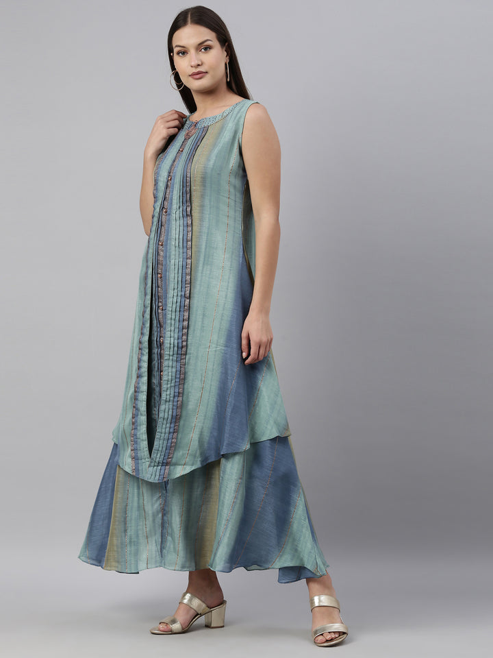Neerus Green silk printed A-line kurti - side view