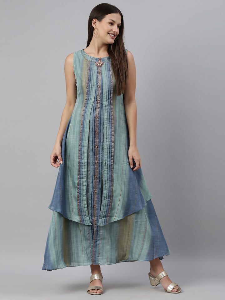 Neerus Green silk printed A-line kurti - detail view 3