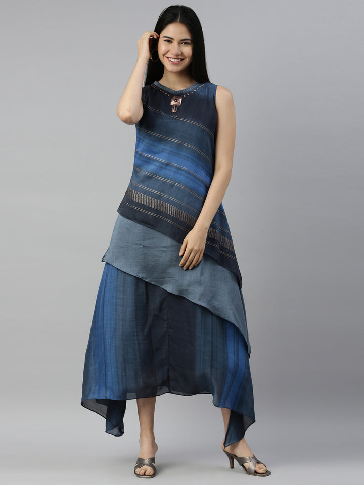 Neerus Blue silk solid kurta - front view