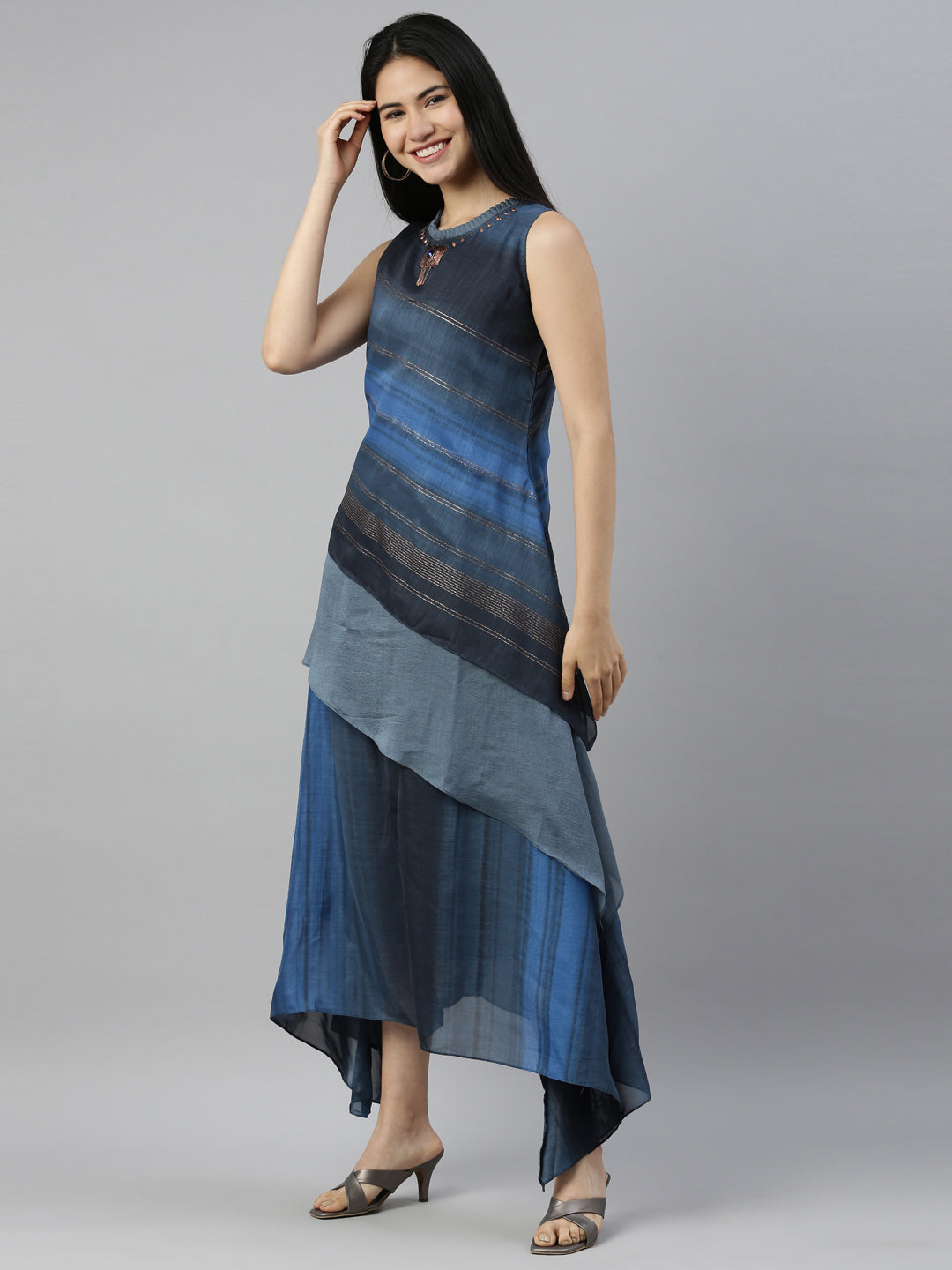 Neerus Blue silk solid kurta - side view