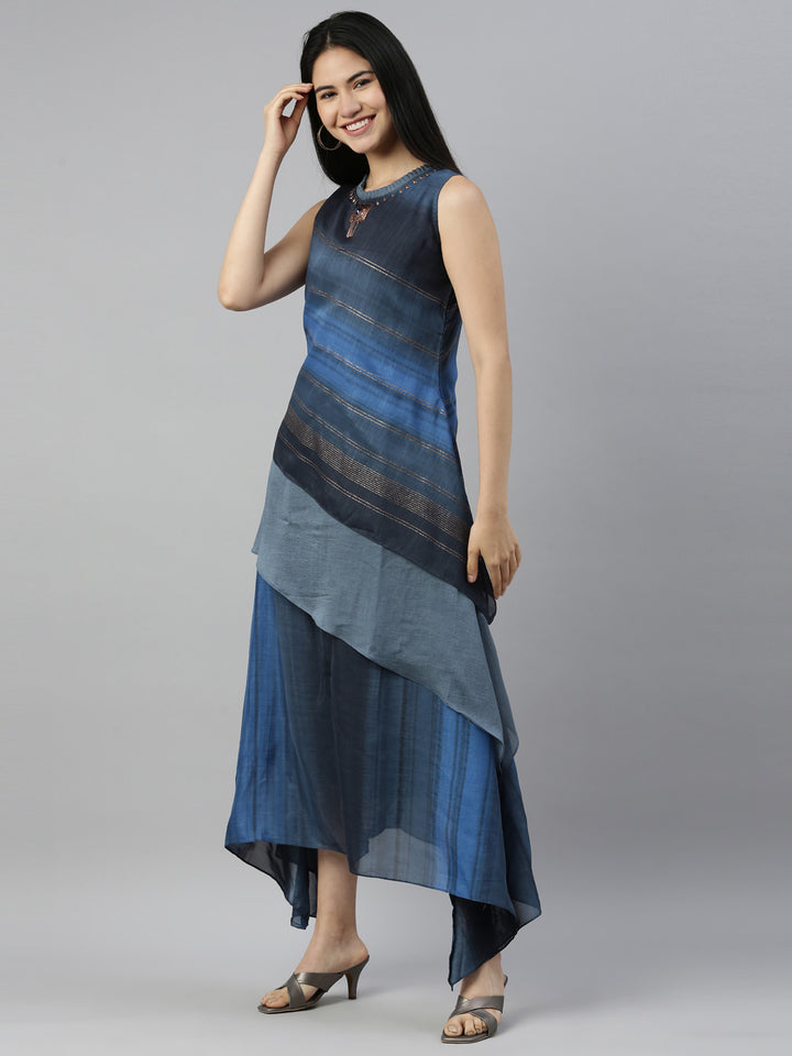 Neerus Blue silk solid kurta - side view