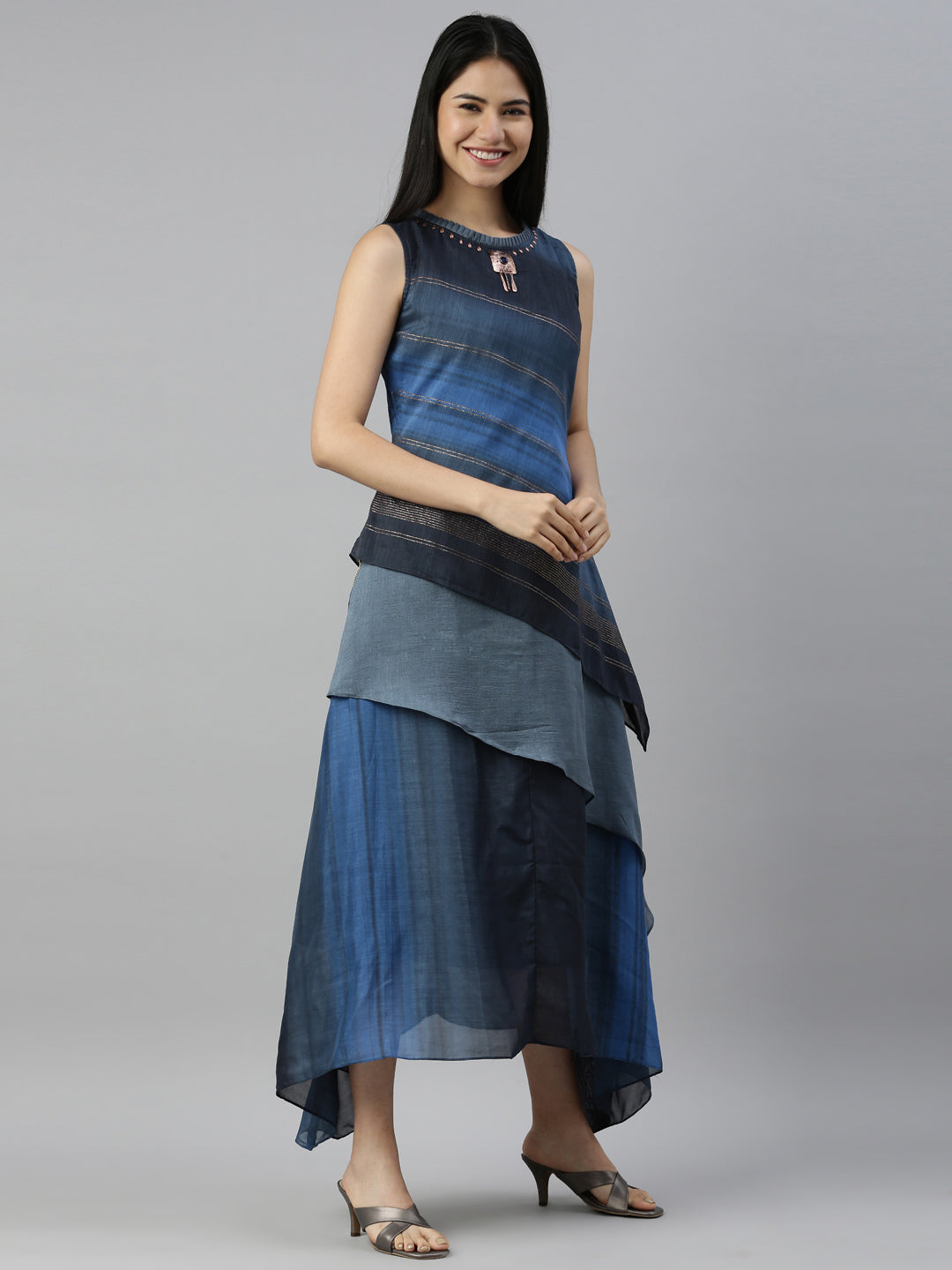 Neerus Blue silk solid kurta - detail view 1