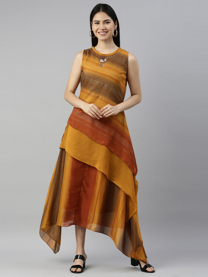 Neerus Gold silk kurta straight silhouette - front view