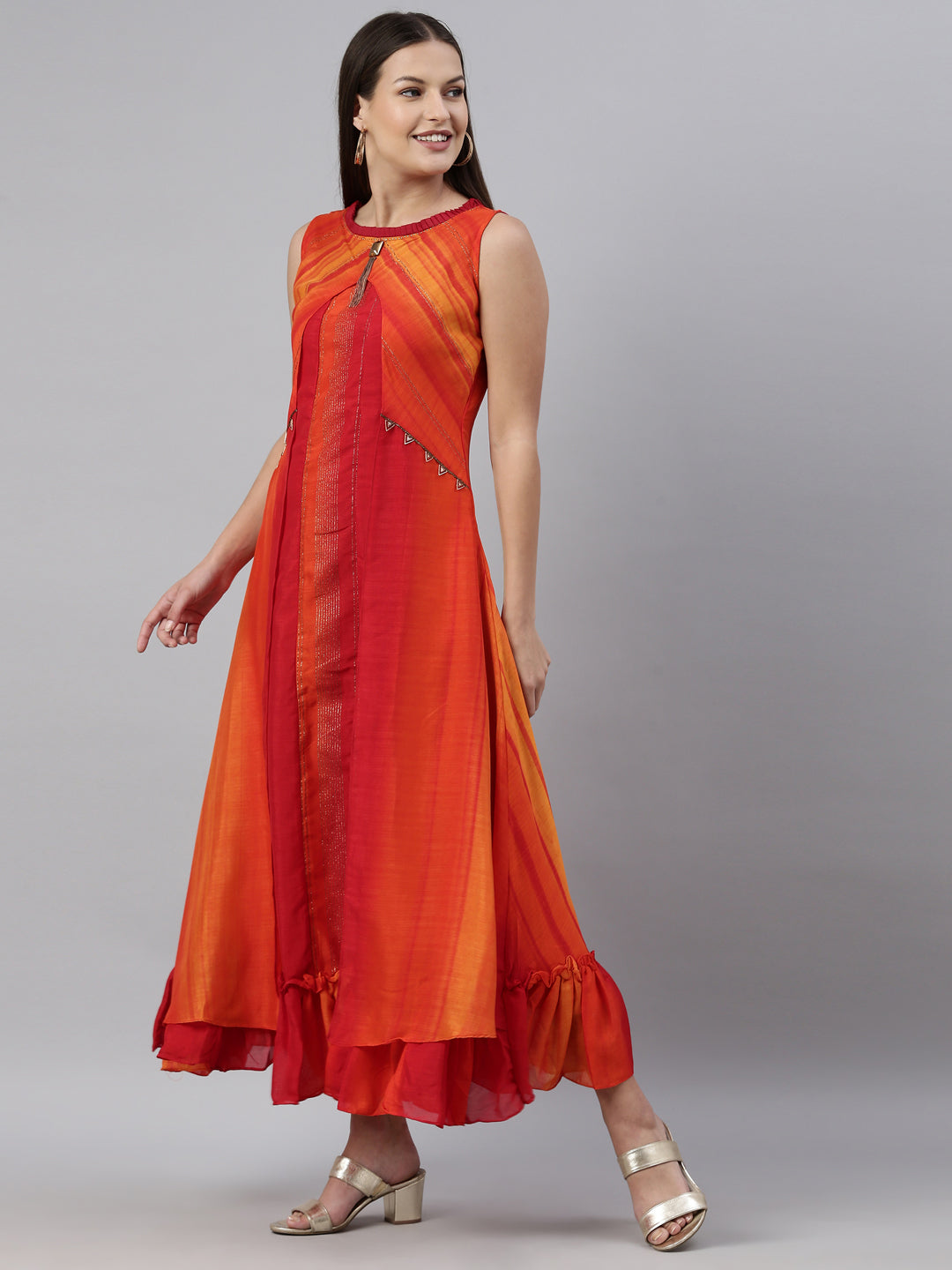 Neerus Orange silk kurta for women - side view