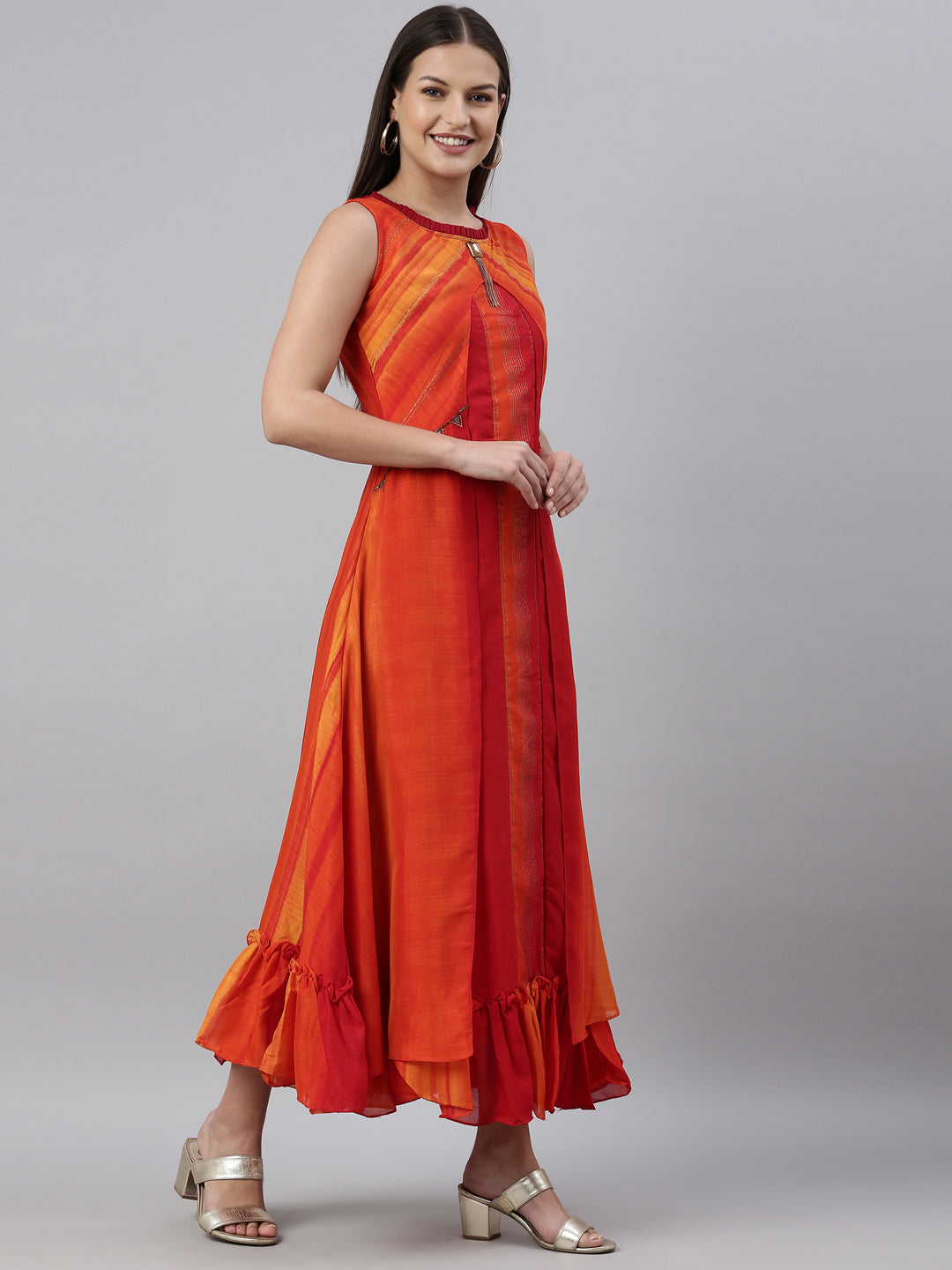 Neerus Orange silk kurta for women - detail view 1