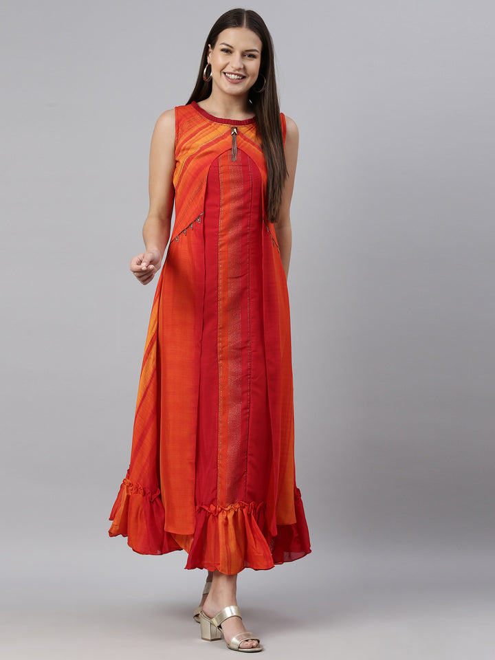 Neerus Orange silk kurta for women - detail view 3