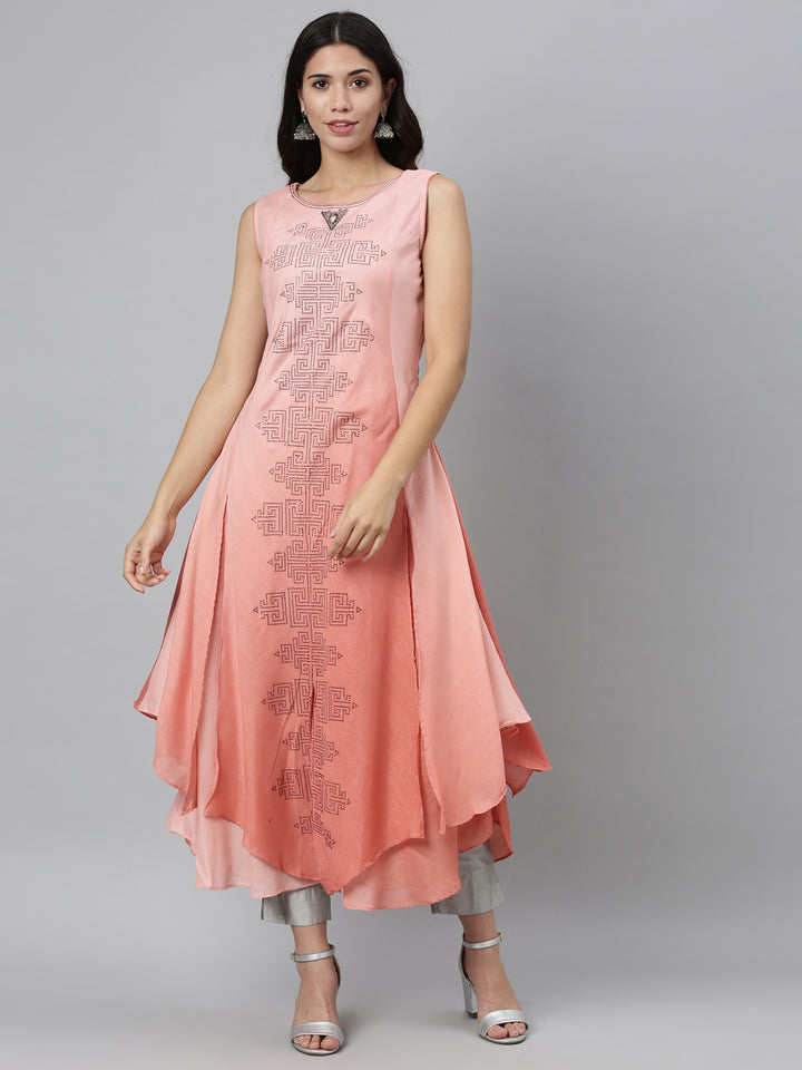 Neerus Orange silk embellished anarkali kurti - front view