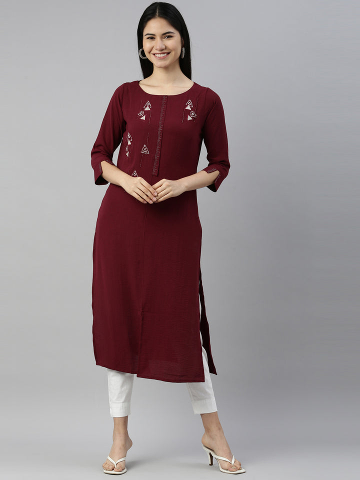 Neerus Wine Color Mouse Crepe Fabric Kurta