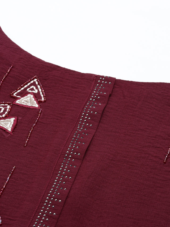 Neerus Wine Color Mouse Crepe Fabric Kurta