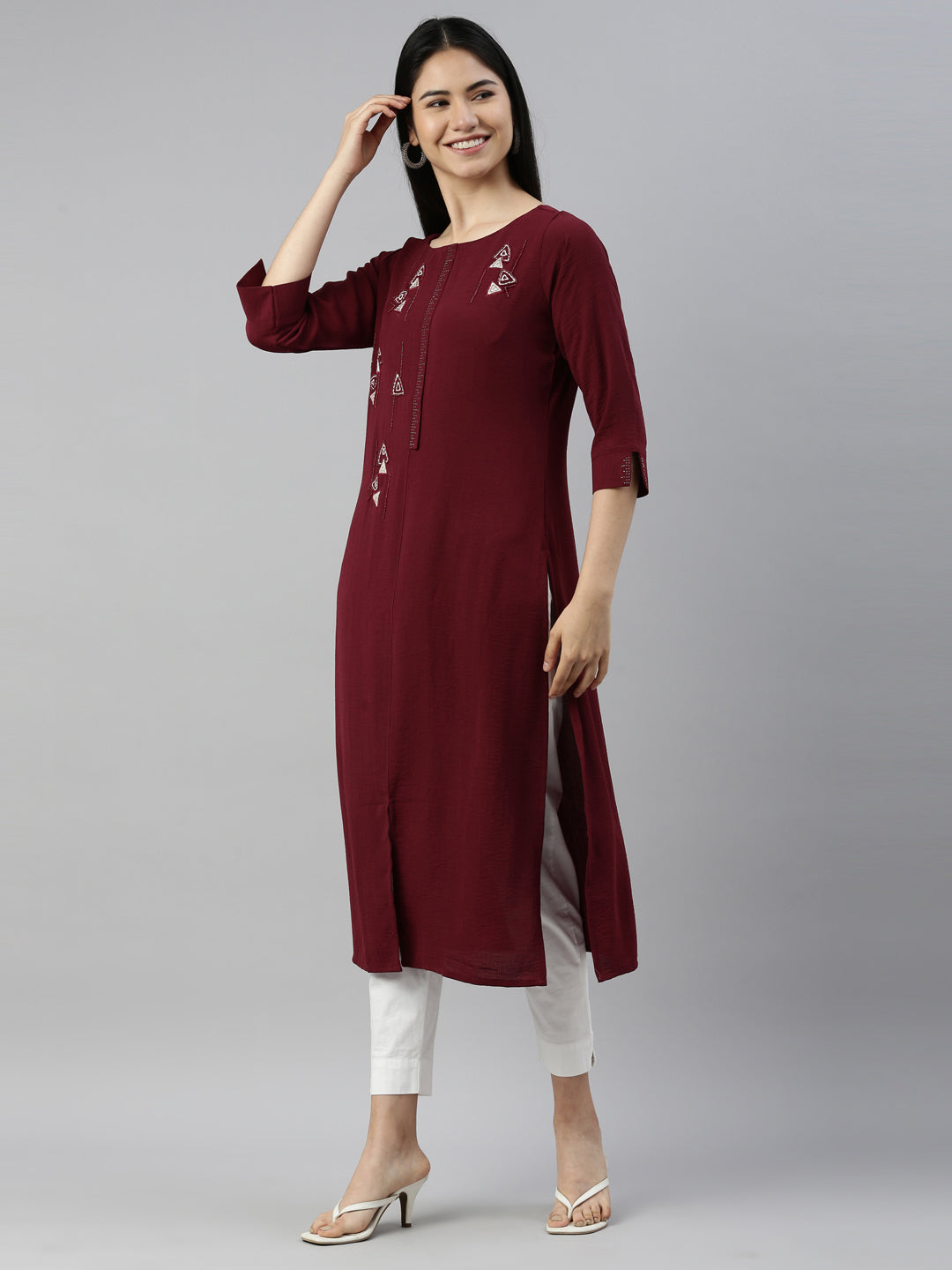 Neerus Wine Color Mouse Crepe Fabric Kurta