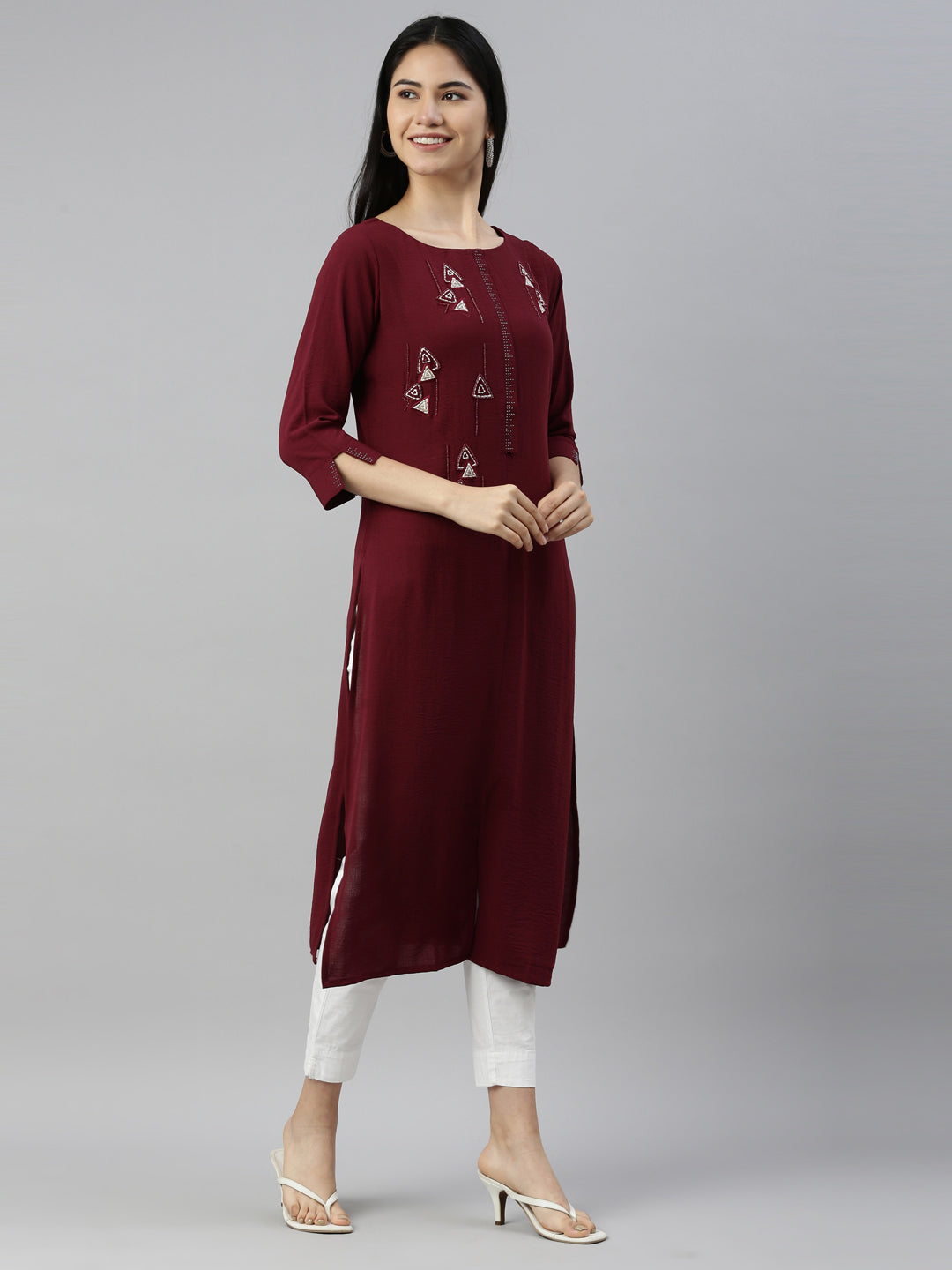 Neerus Wine Color Mouse Crepe Fabric Kurta