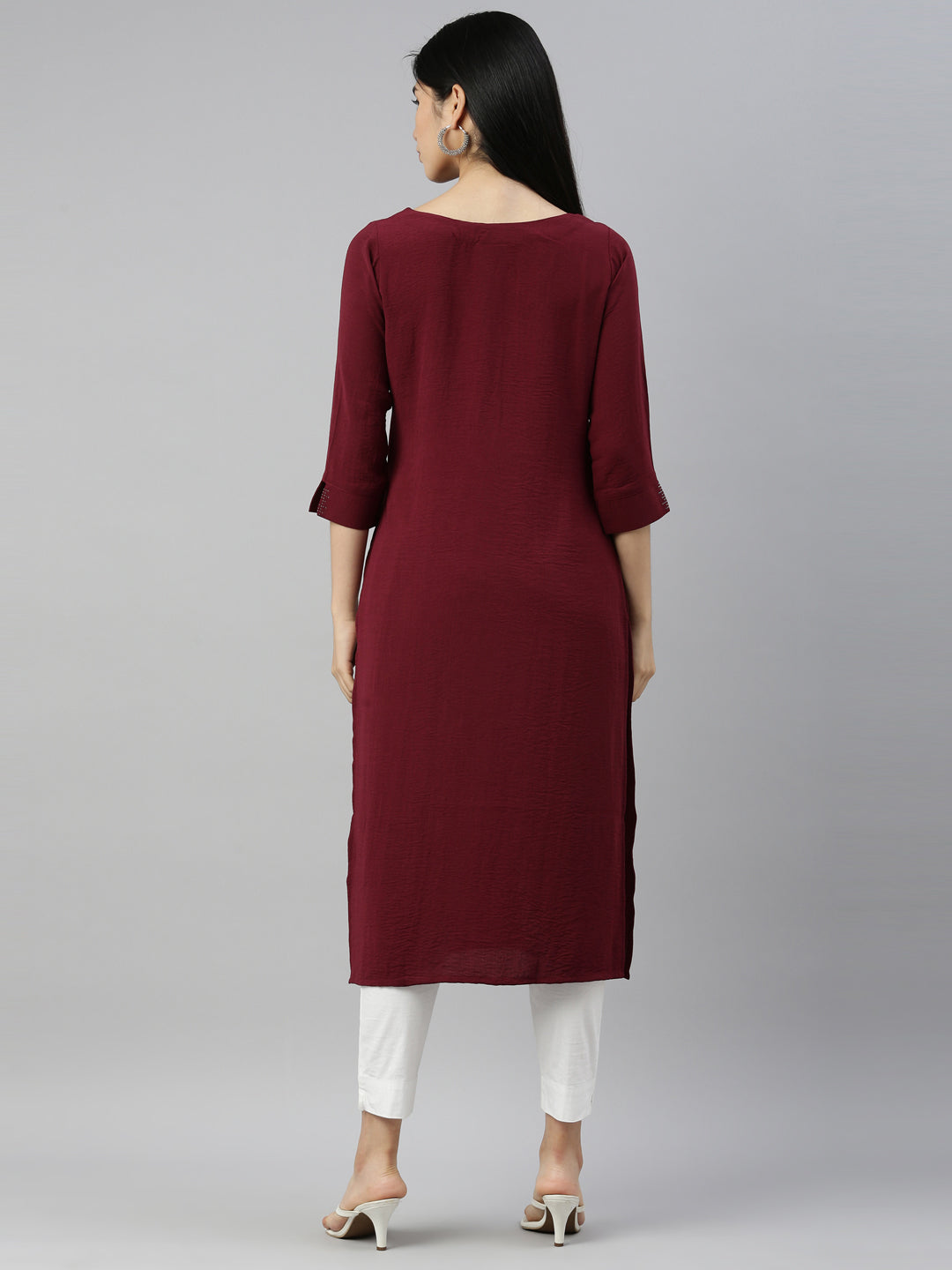 Neerus Wine Color Mouse Crepe Fabric Kurta