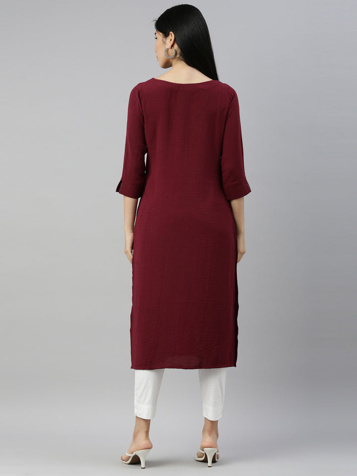 Neerus Wine Color Mouse Crepe Fabric Kurta