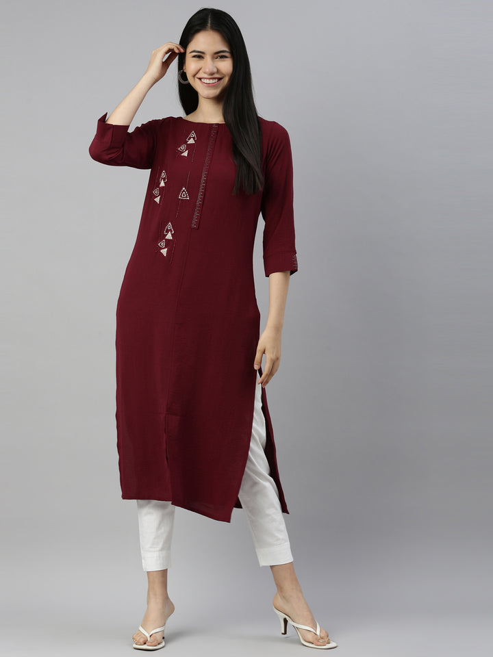 Neerus Wine Color Mouse Crepe Fabric Kurta
