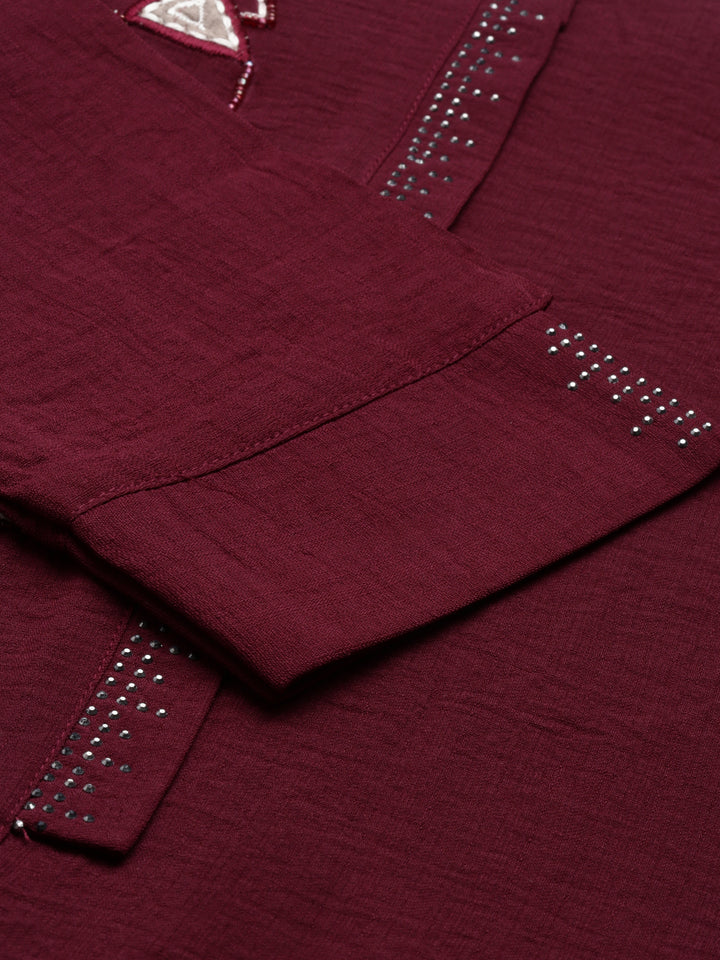 Neerus Wine Color Mouse Crepe Fabric Kurta