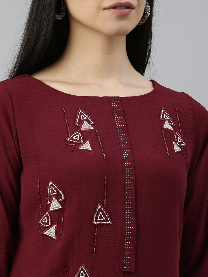 Neerus Wine Color Mouse Crepe Fabric Kurta