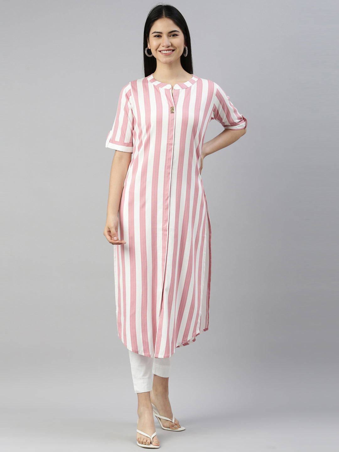 Neerus Pink Color Slub Rayon Fabric Kurta