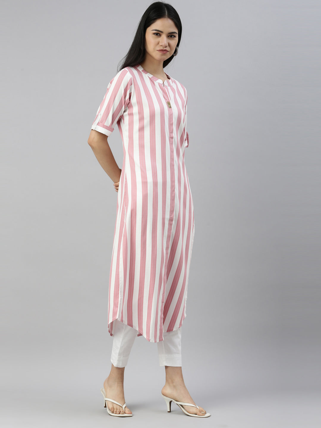 Neerus Pink Color Slub Rayon Fabric Kurta