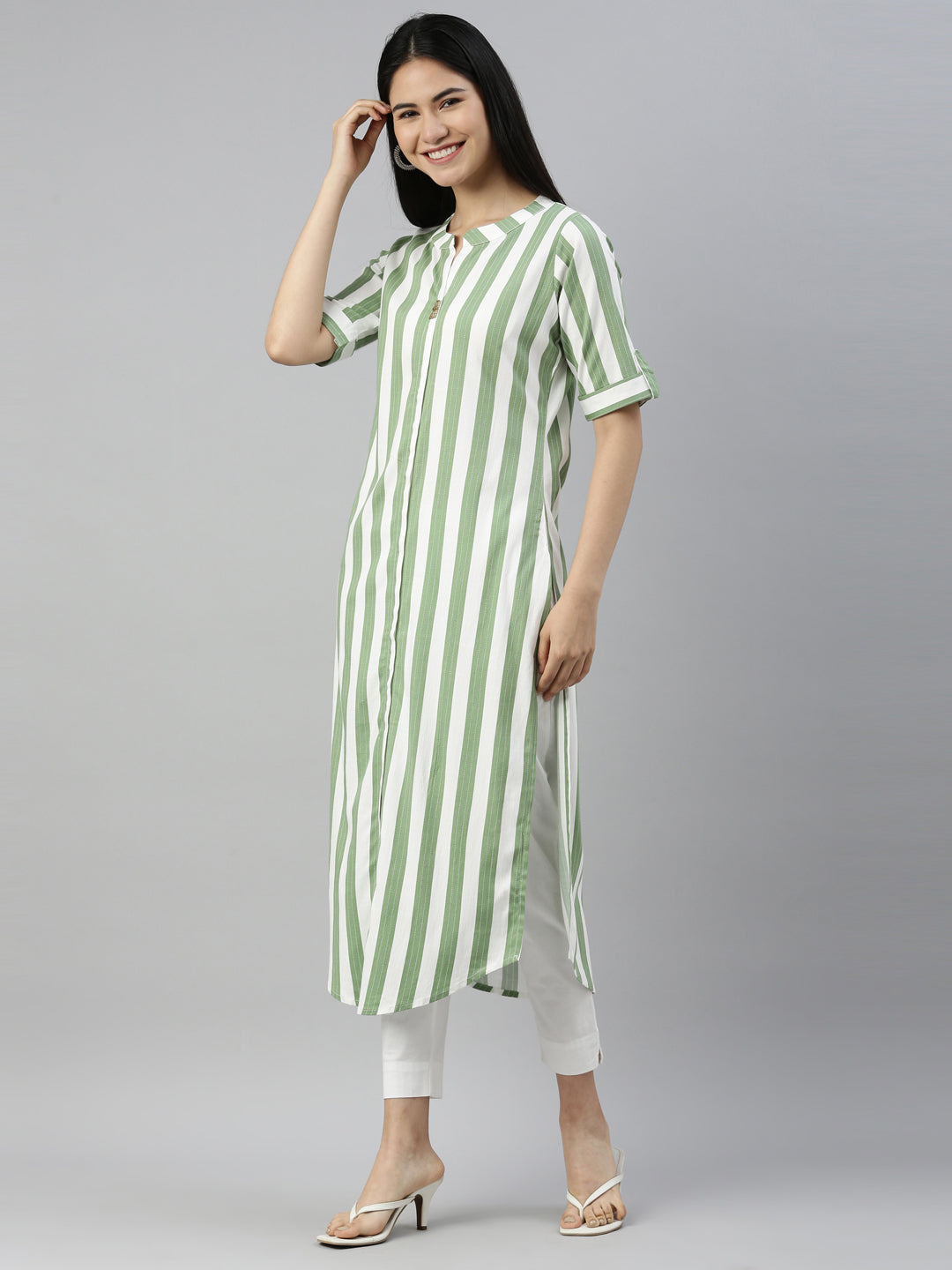 Neerus Pista Color Slub Rayon Fabric Kurta