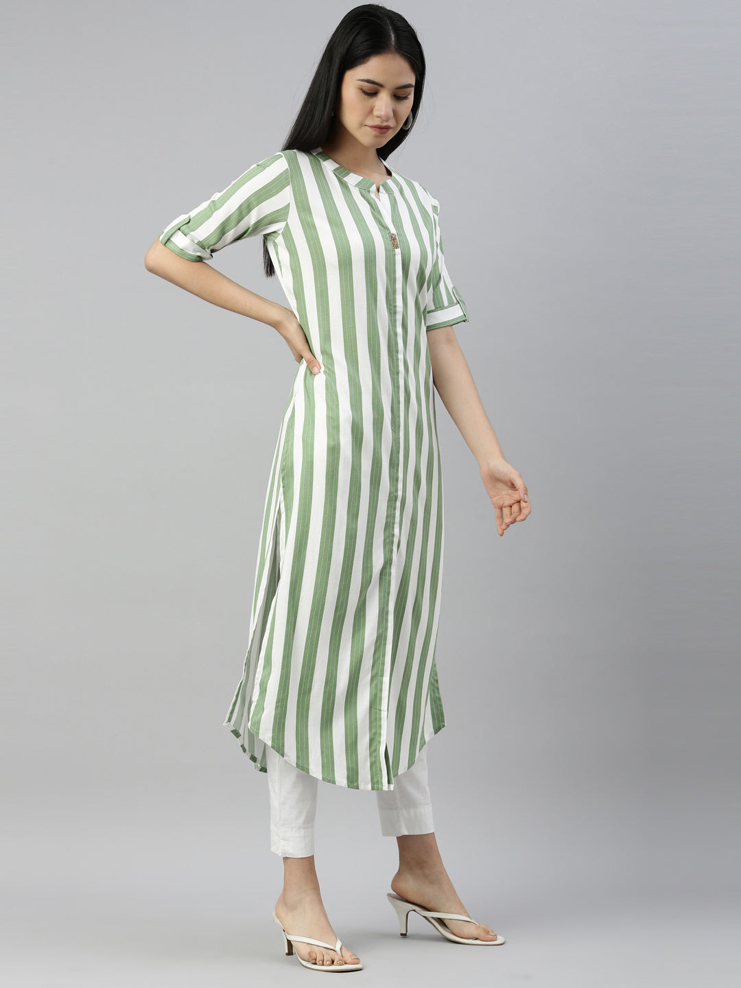 Neerus Pista Color Slub Rayon Fabric Kurta