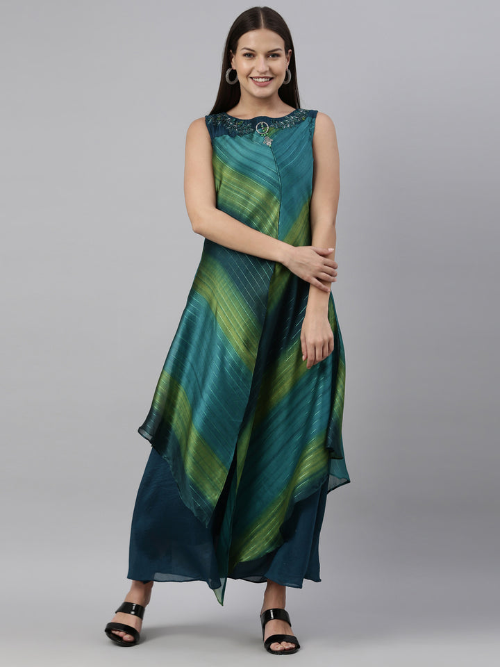Neerus Peacock Color Silk Fabric Kurta