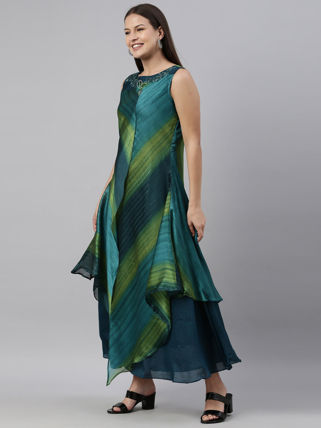 Neerus Peacock Color Silk Fabric Kurta