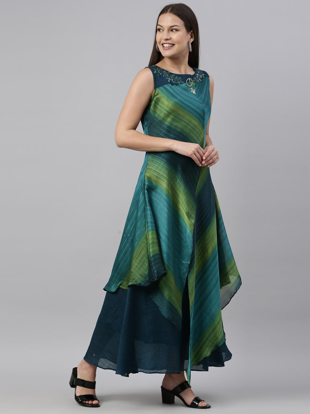 Neerus Peacock Color Silk Fabric Kurta