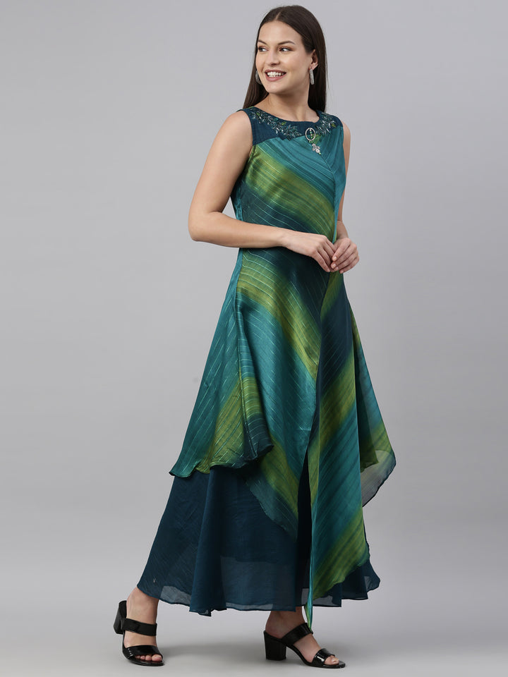 Neerus Peacock Color Silk Fabric Kurta