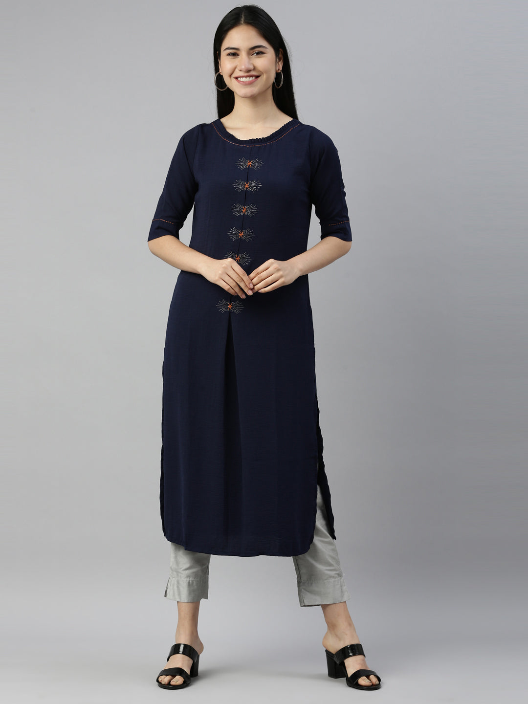 Neerus Navy Blue Color Mouse Crepe Fabric Kurta