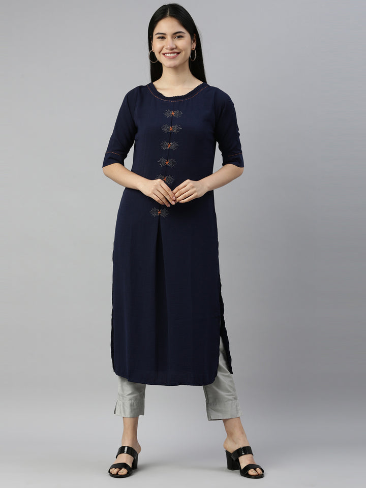 Neerus Navy Blue Color Mouse Crepe Fabric Kurta
