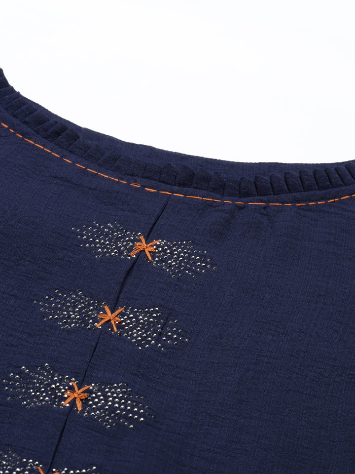 Neerus Navy Blue Color Mouse Crepe Fabric Kurta