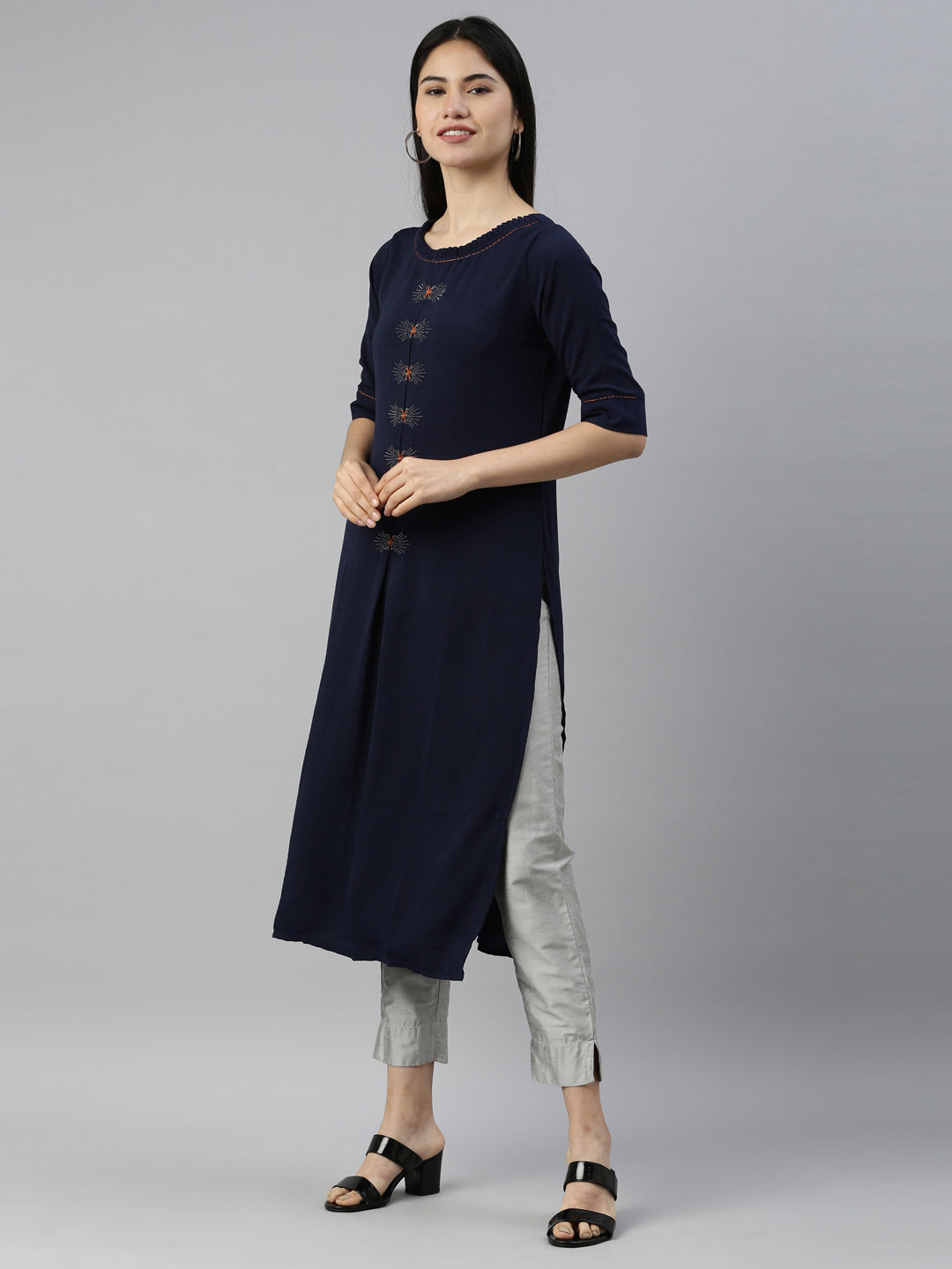 Neerus Navy Blue Color Mouse Crepe Fabric Kurta