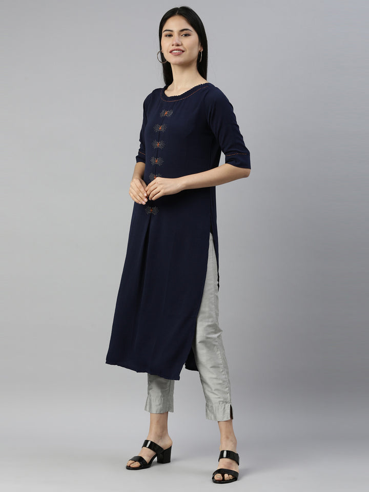 Neerus Navy Blue Color Mouse Crepe Fabric Kurta