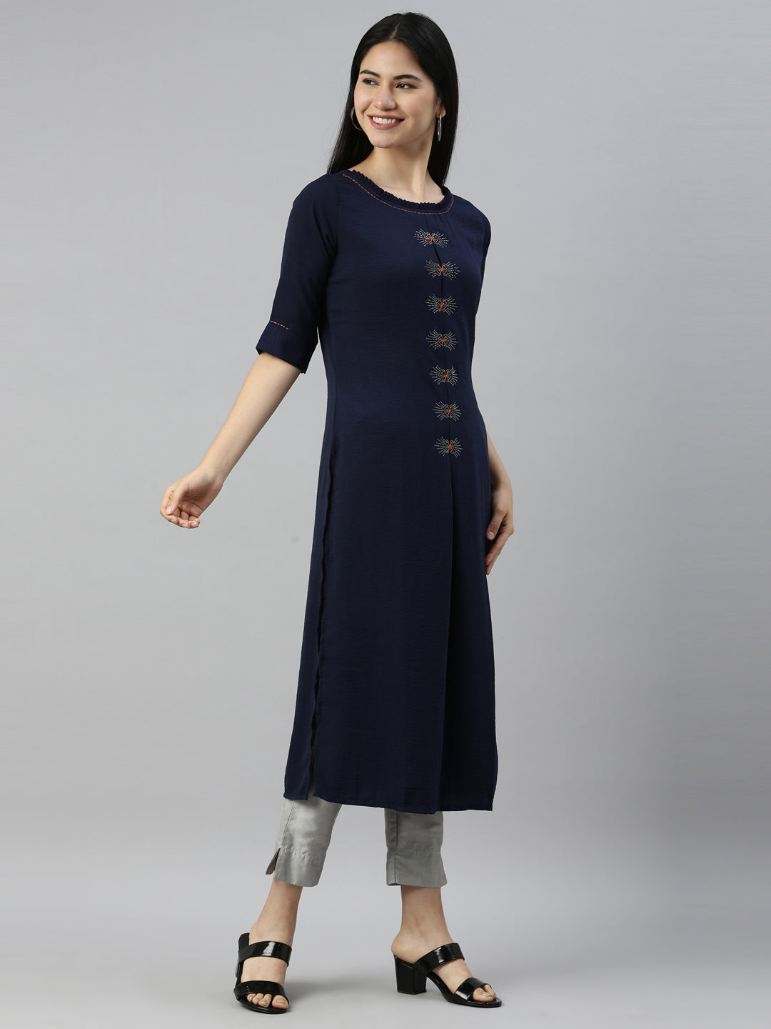 Neerus Navy Blue Color Mouse Crepe Fabric Kurta