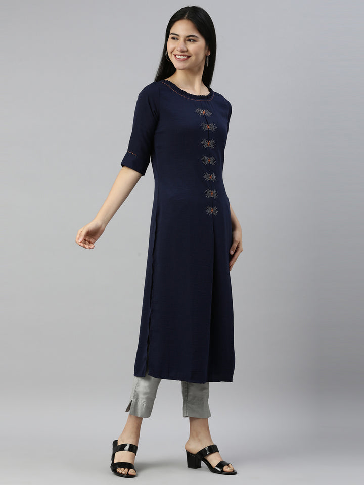 Neerus Navy Blue Color Mouse Crepe Fabric Kurta