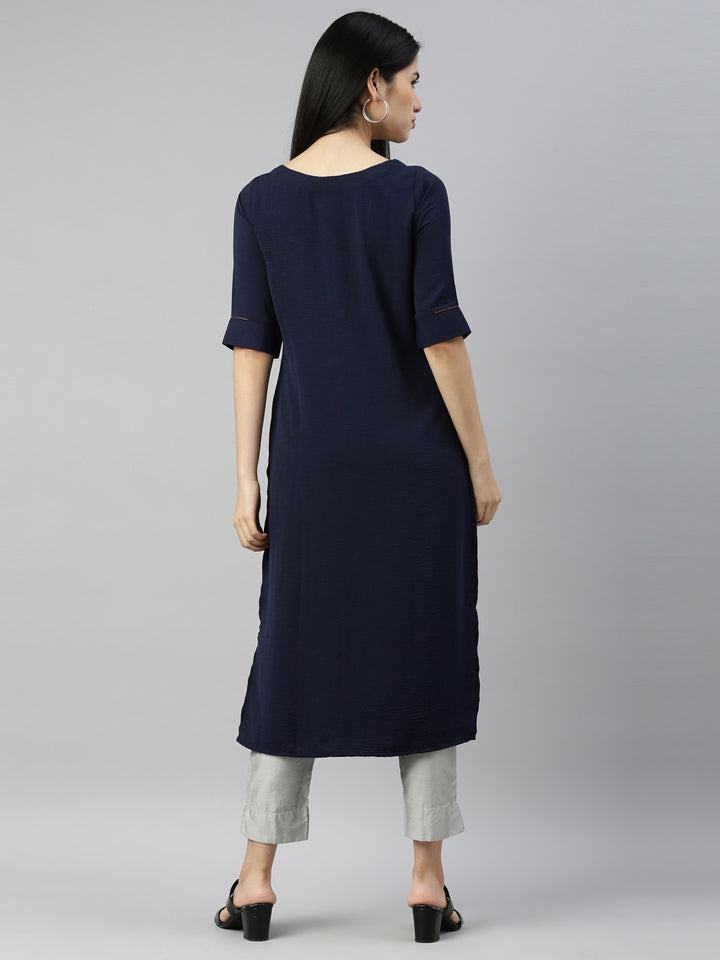 Neerus Navy Blue Color Mouse Crepe Fabric Kurta