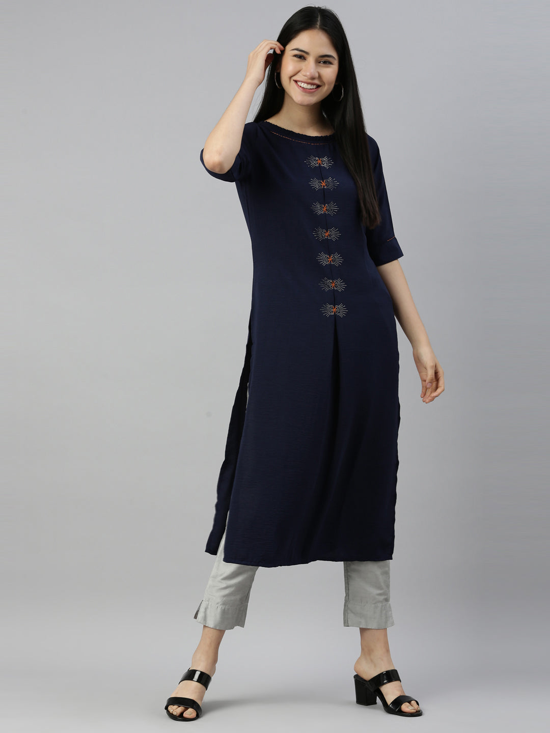 Neerus Navy Blue Color Mouse Crepe Fabric Kurta