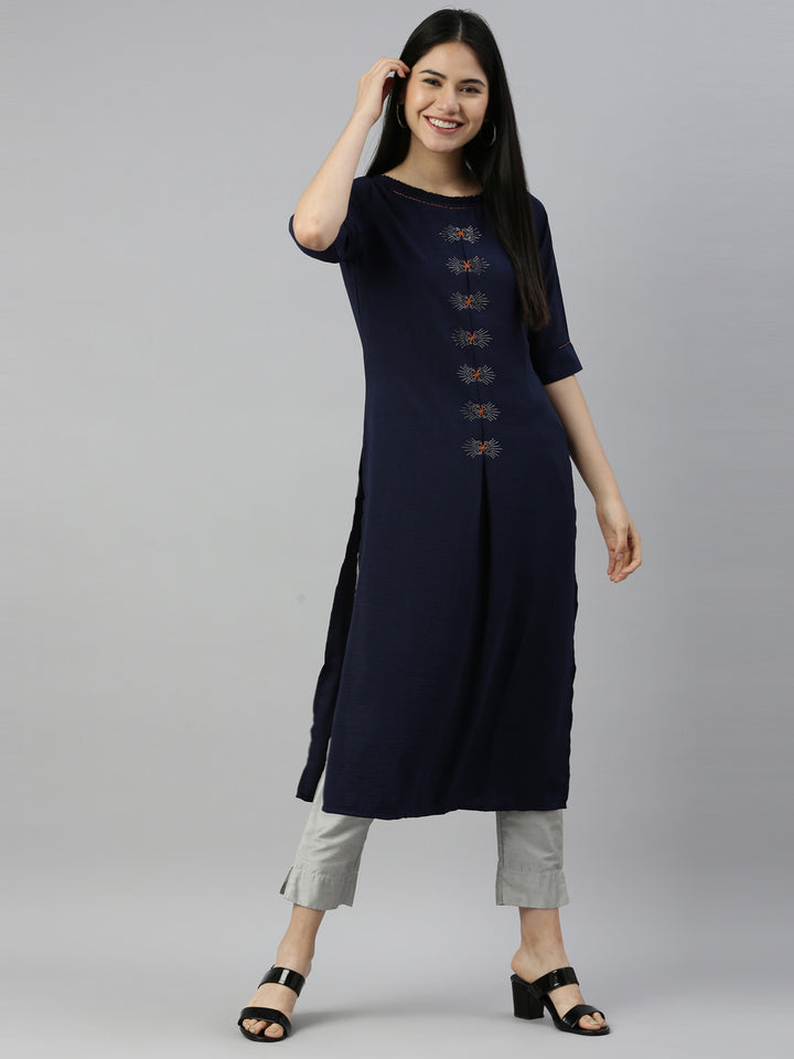 Neerus Navy Blue Color Mouse Crepe Fabric Kurta