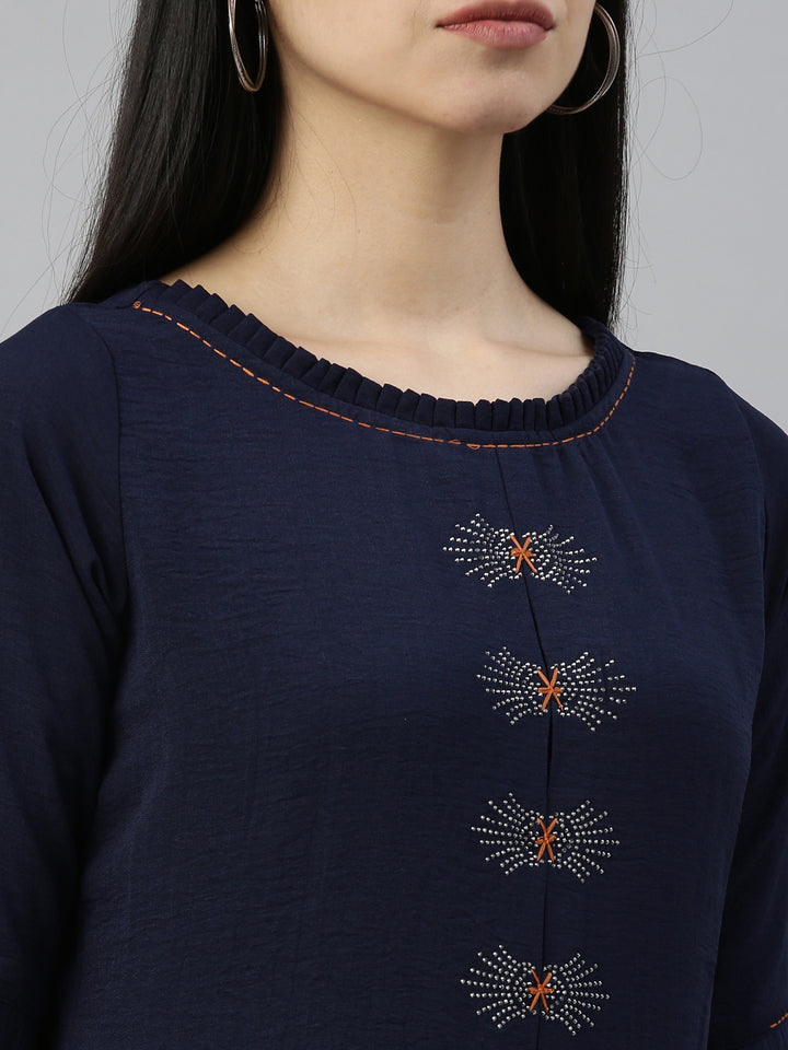 Neerus Navy Blue Color Mouse Crepe Fabric Kurta