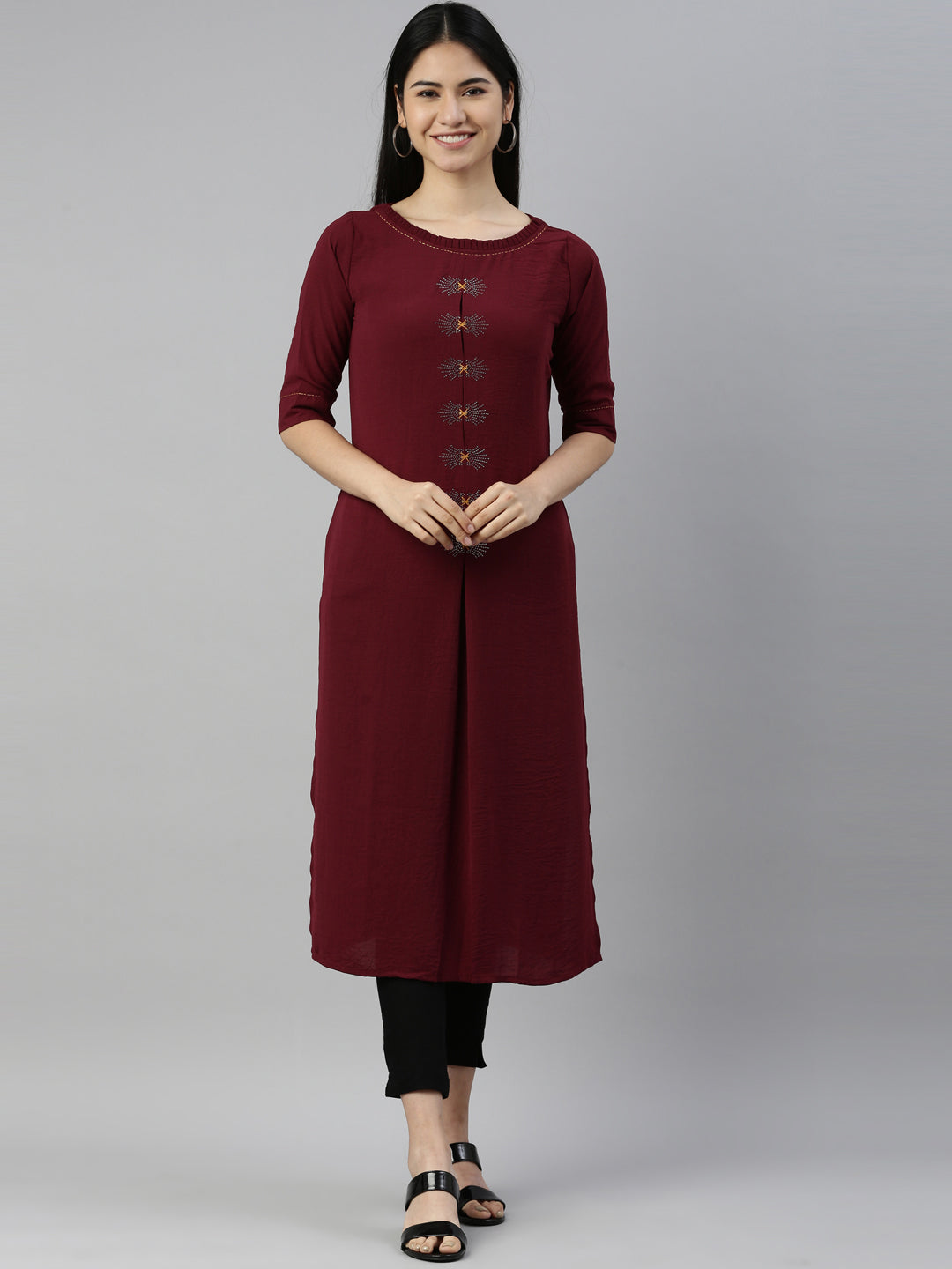 Neerus Maroon crepe solid kurta - front view