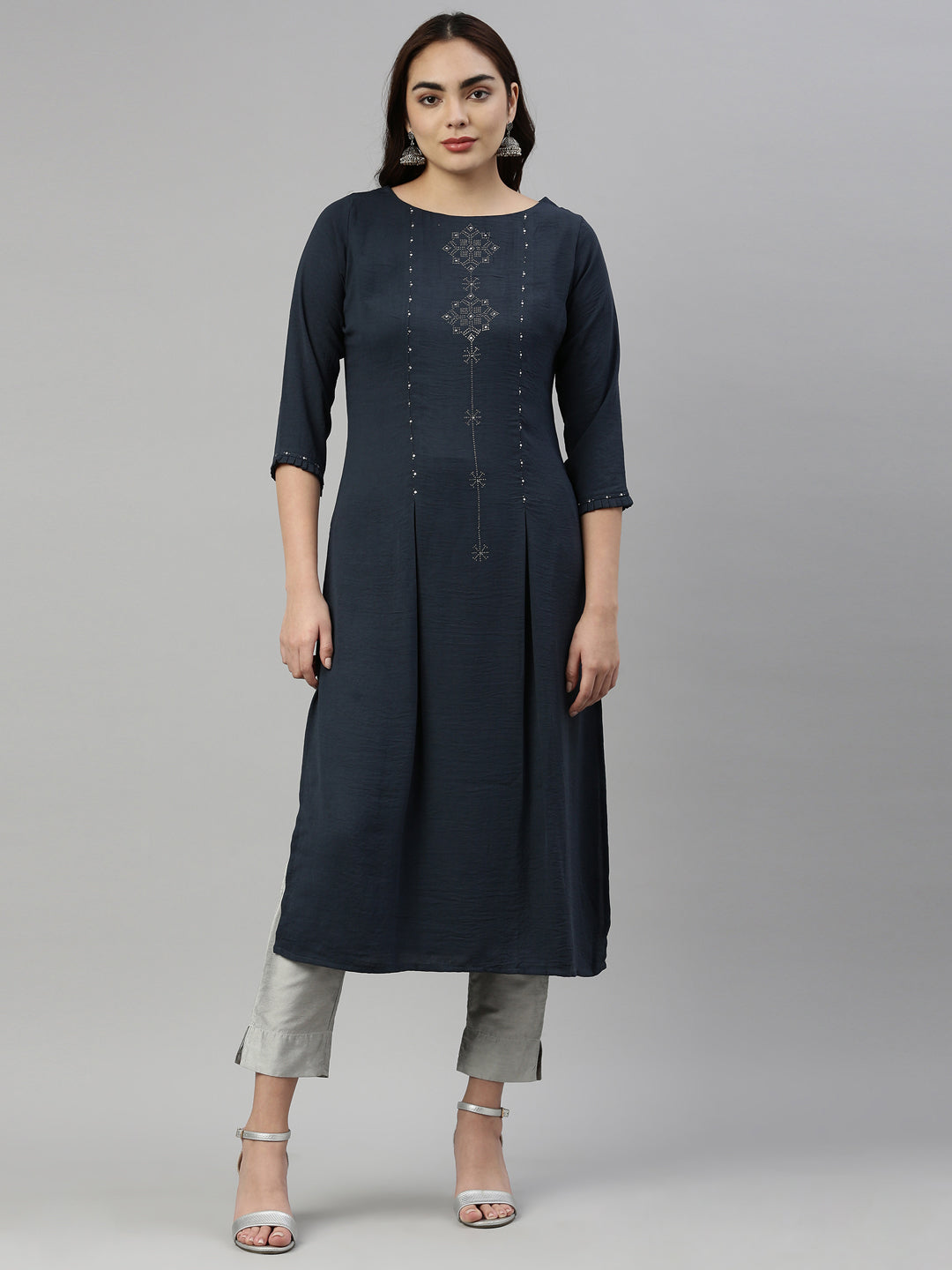 Neerus Grey rayon solid kurti - front view