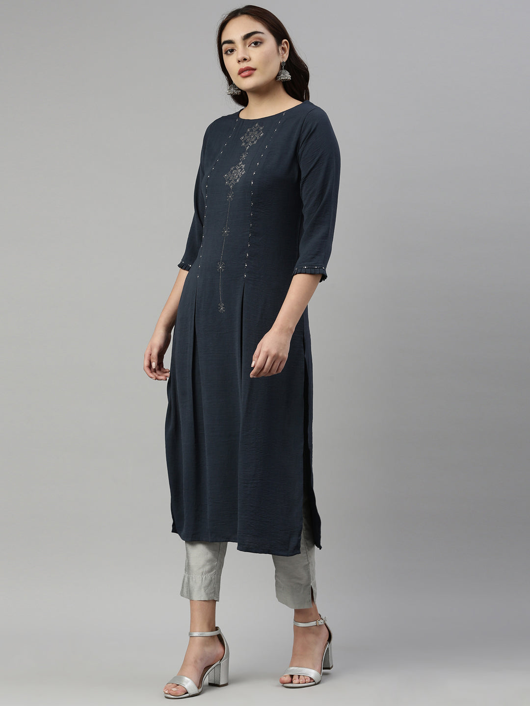 Neerus Grey rayon solid kurti - side view