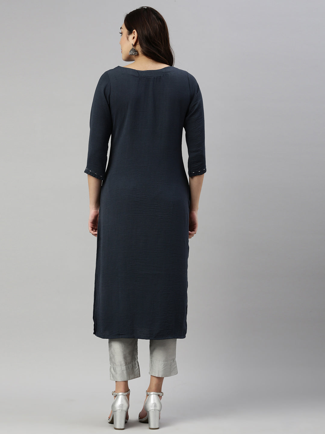Neerus Grey rayon solid kurti - detail view 2
