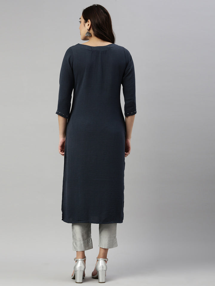 Neerus Grey rayon solid kurti - detail view 2