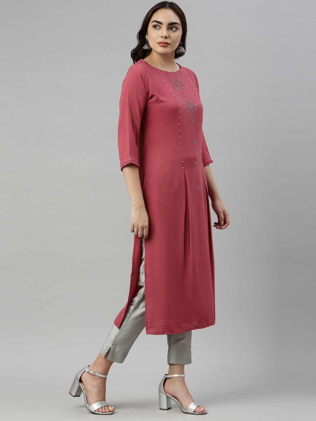 Neerus Pink Color Rayon Fabric Kurta