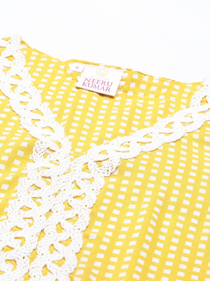Neerus Yellow viscose rayon printed A-line kurti - back view
