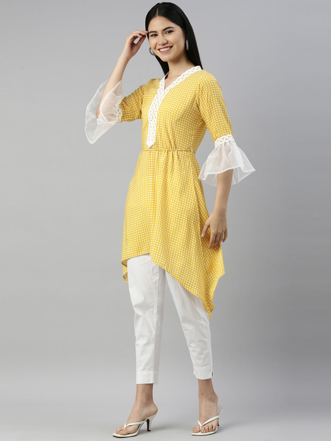 Neerus Yellow viscose rayon printed A-line kurti - side view