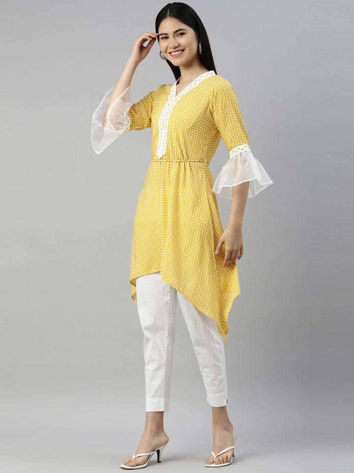 Neerus Yellow viscose rayon printed A-line kurti - side view